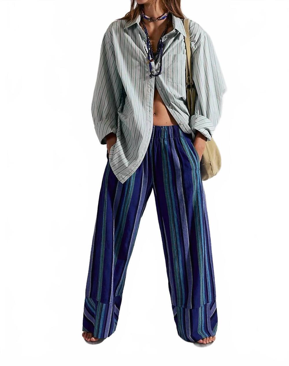 NEW FREE PEOPLE day's end linen striped pull-on pants in navy